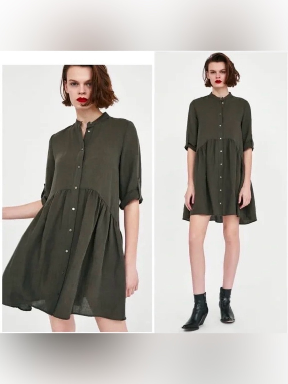 Zara Olive Green Button-Front Smock Dress